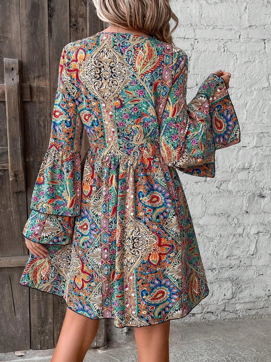 Printed V-Neck Flounce Sleeve Dress – Boho Tiered Silhouette - - sleeve dress