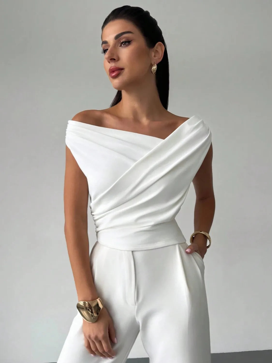 Asymmetrical Ruched Short Sleeve Top – Bold Cut with Modern Fit - - Women's Clothing > Blouses & Shirts