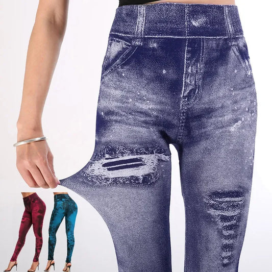 Push Up Jean-Look Leggings – Stretchy, Ripped Design, Perfect for Gym & Street - - leggings