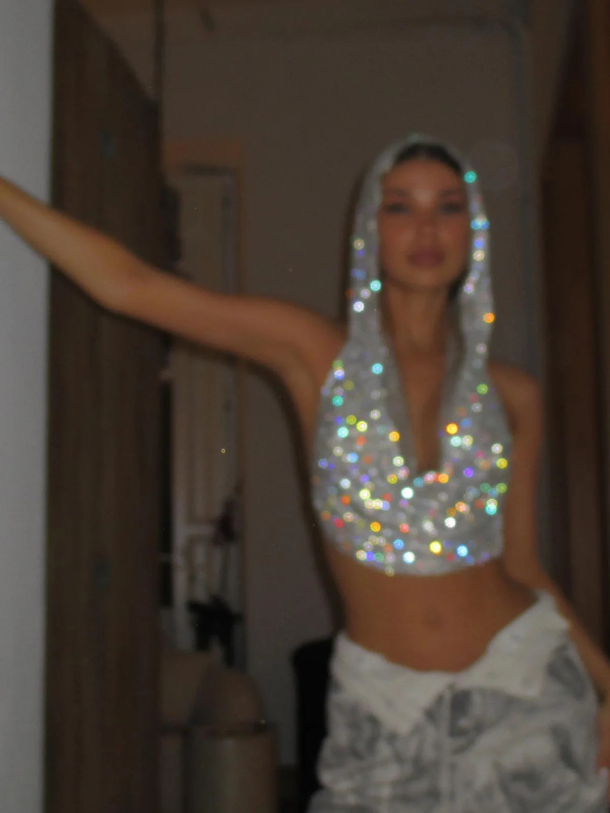 Sexy Rhinestone Mesh Crop Top – See-Through Sleeveless Clubwear - - clothing top