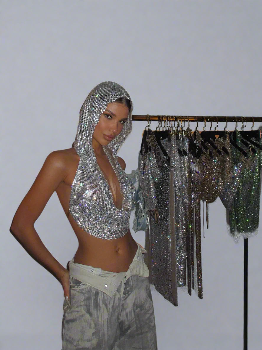Sexy Rhinestone Mesh Crop Top – See-Through Sleeveless Clubwear - - clothing top