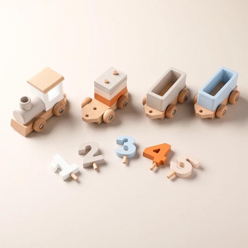 Montessori Wooden Train & Trolley - Educational Baby Toy with Numbers - - baby toys