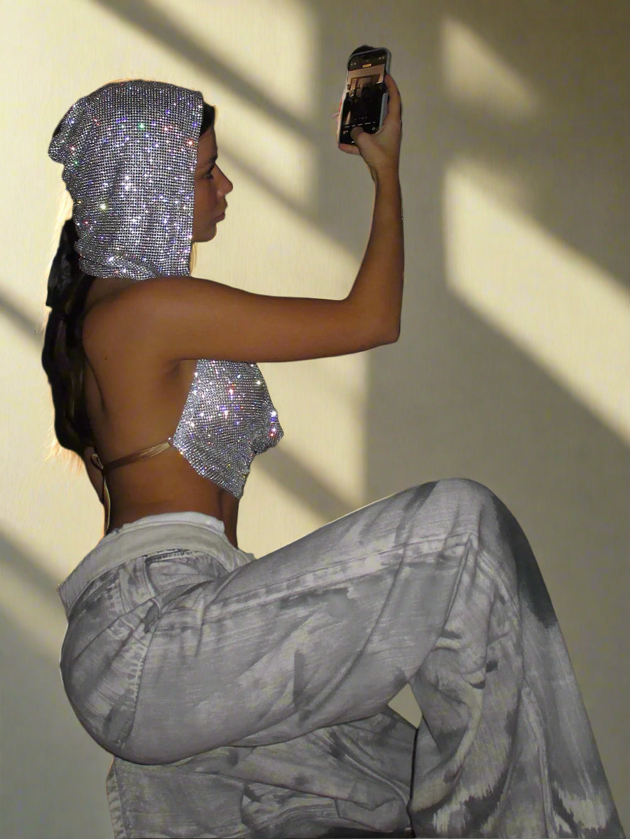 Sexy Rhinestone Mesh Crop Top – See-Through Sleeveless Clubwear - - clothing top