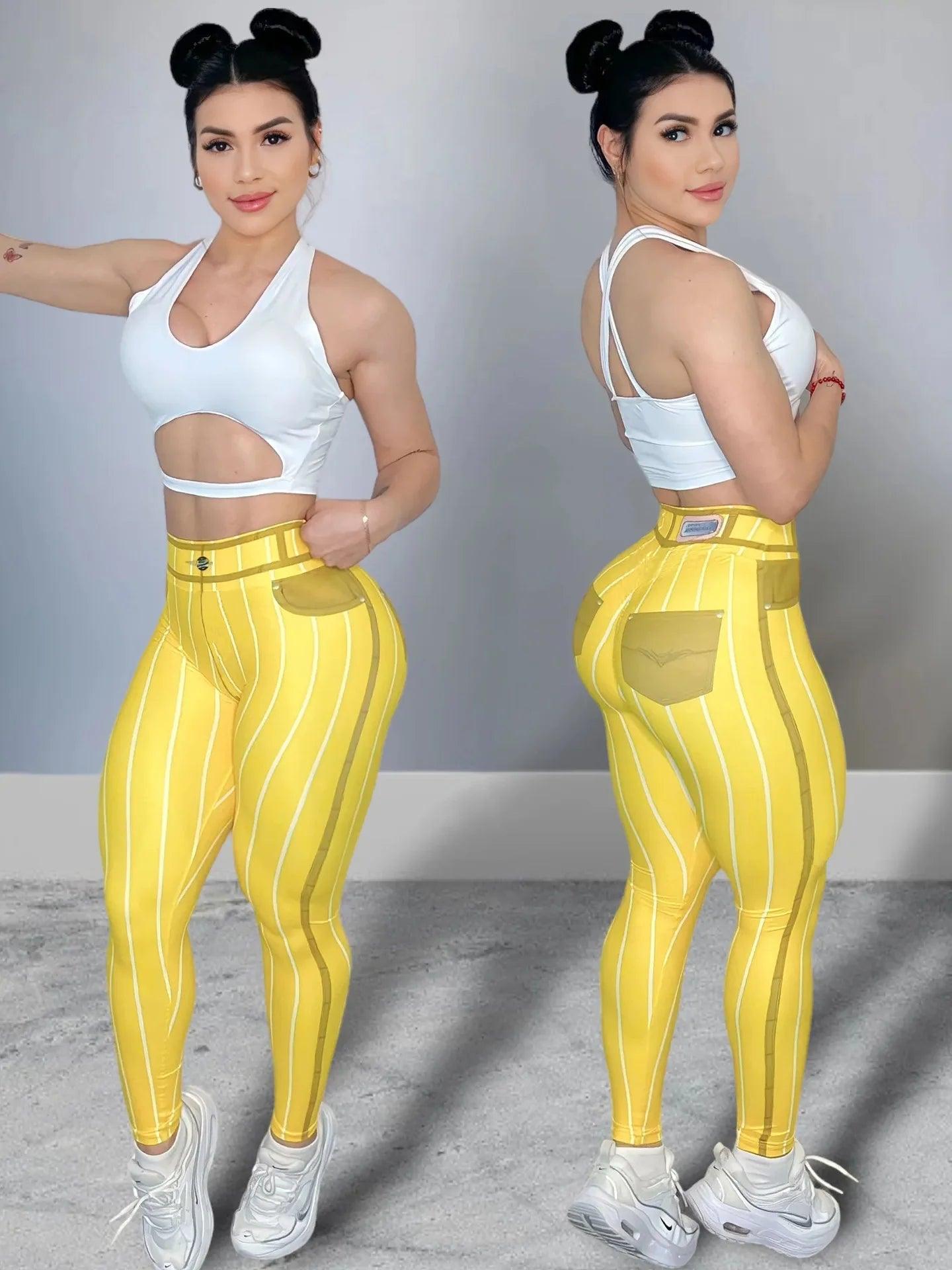 Tight Fit Push-Up Yoga Leggings – High Waist & Stylish - Yellow - Leggings