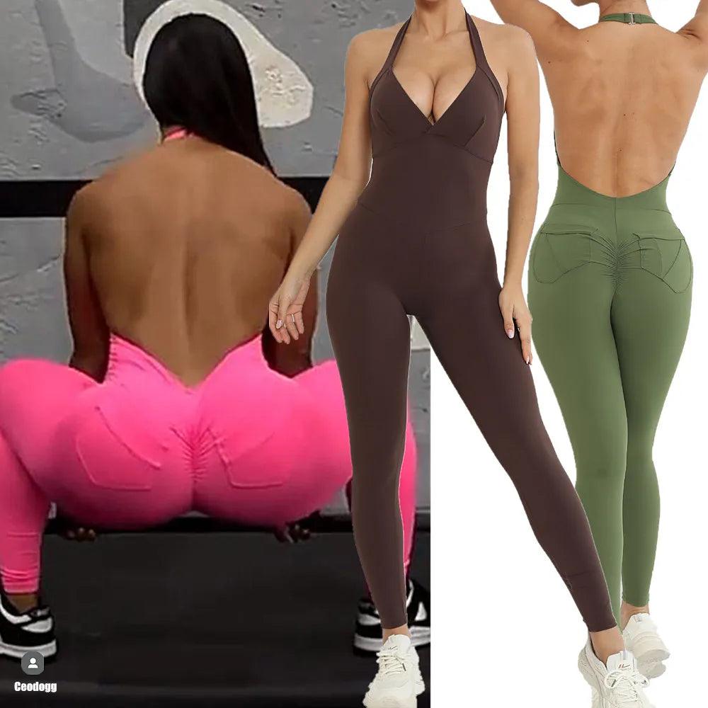 Scrunch Back Halter V-Neck Romper – One-Piece Open-Back Jumpsuit - - leggings