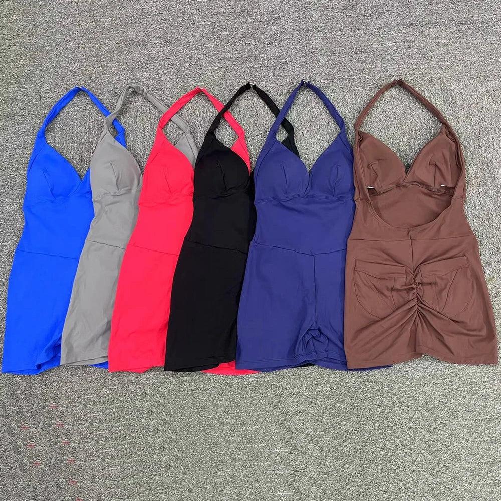 Scrunch Back Halter V-Neck Romper – One-Piece Open-Back Jumpsuit - - leggings