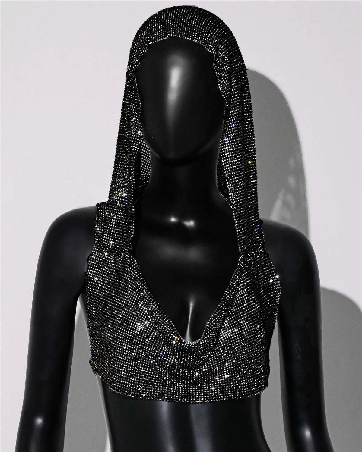 Sexy Rhinestone Mesh Crop Top – See-Through Sleeveless Clubwear - Black One Size - clothing top
