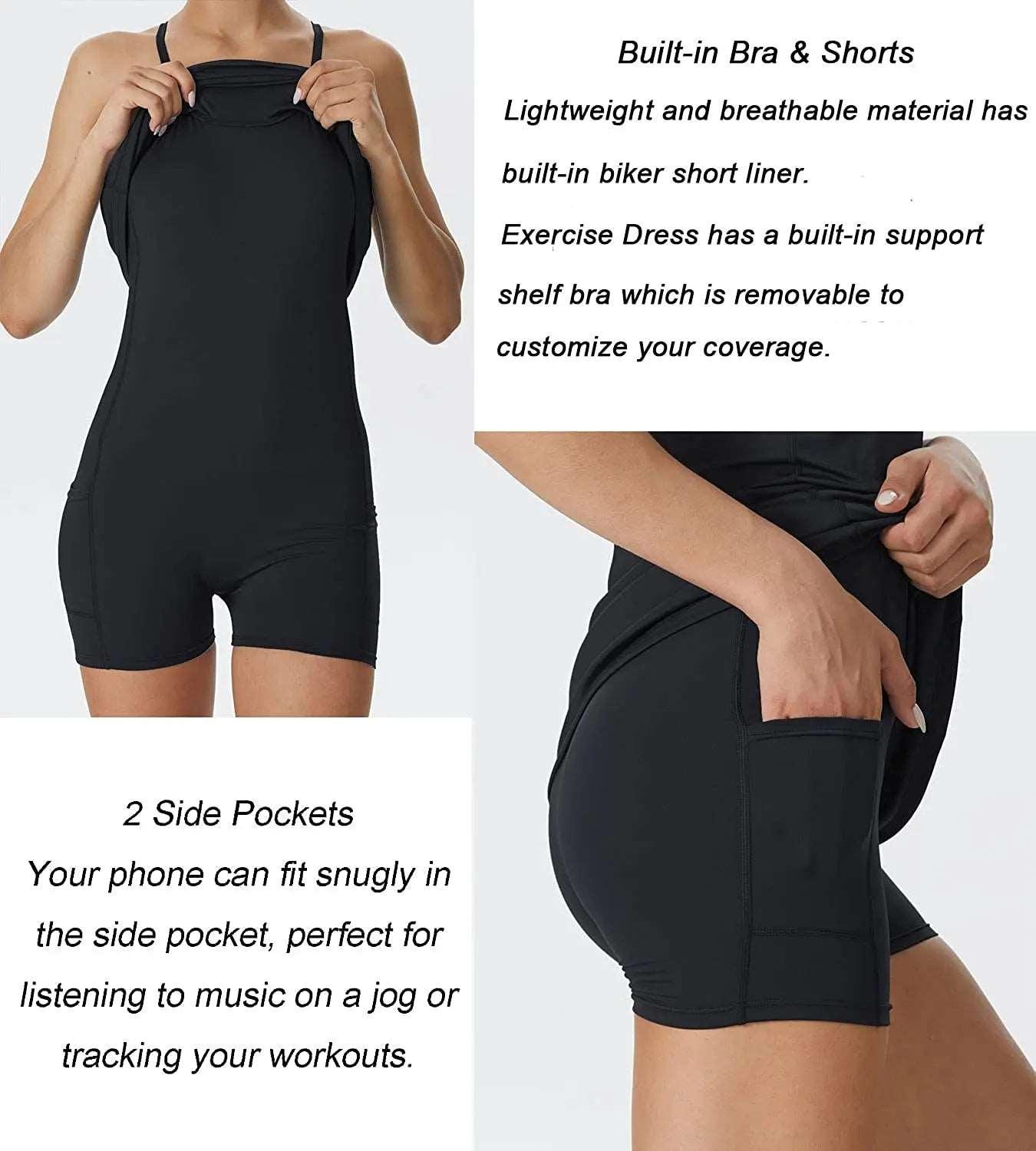 Women's Sports Dress – Built-in Bra, Pockets, and Shorts . - - Activewear Dress