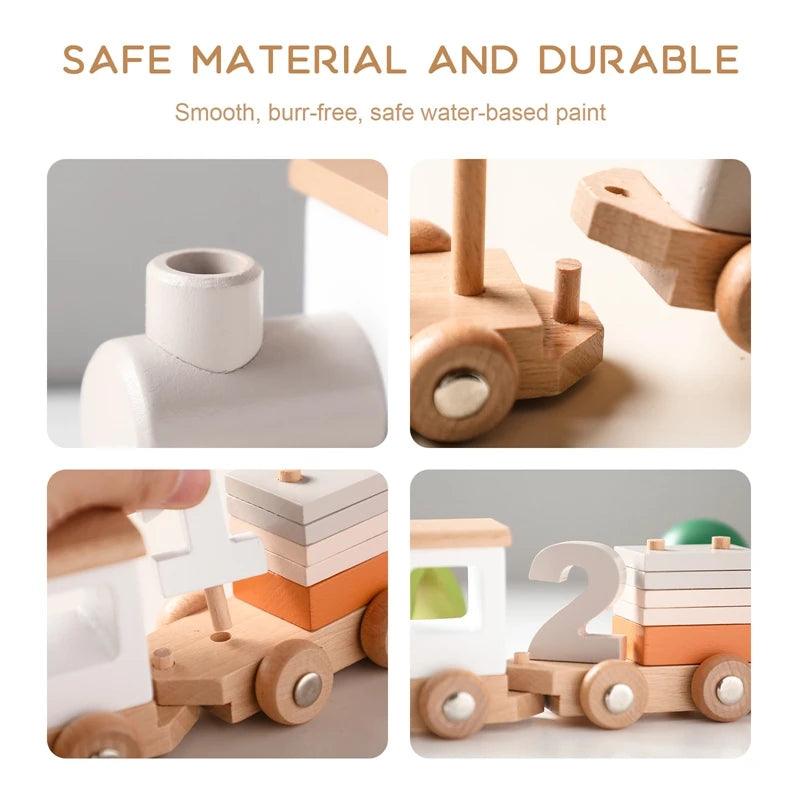 Montessori Wooden Train & Trolley - Educational Baby Toy with Numbers - - baby toys