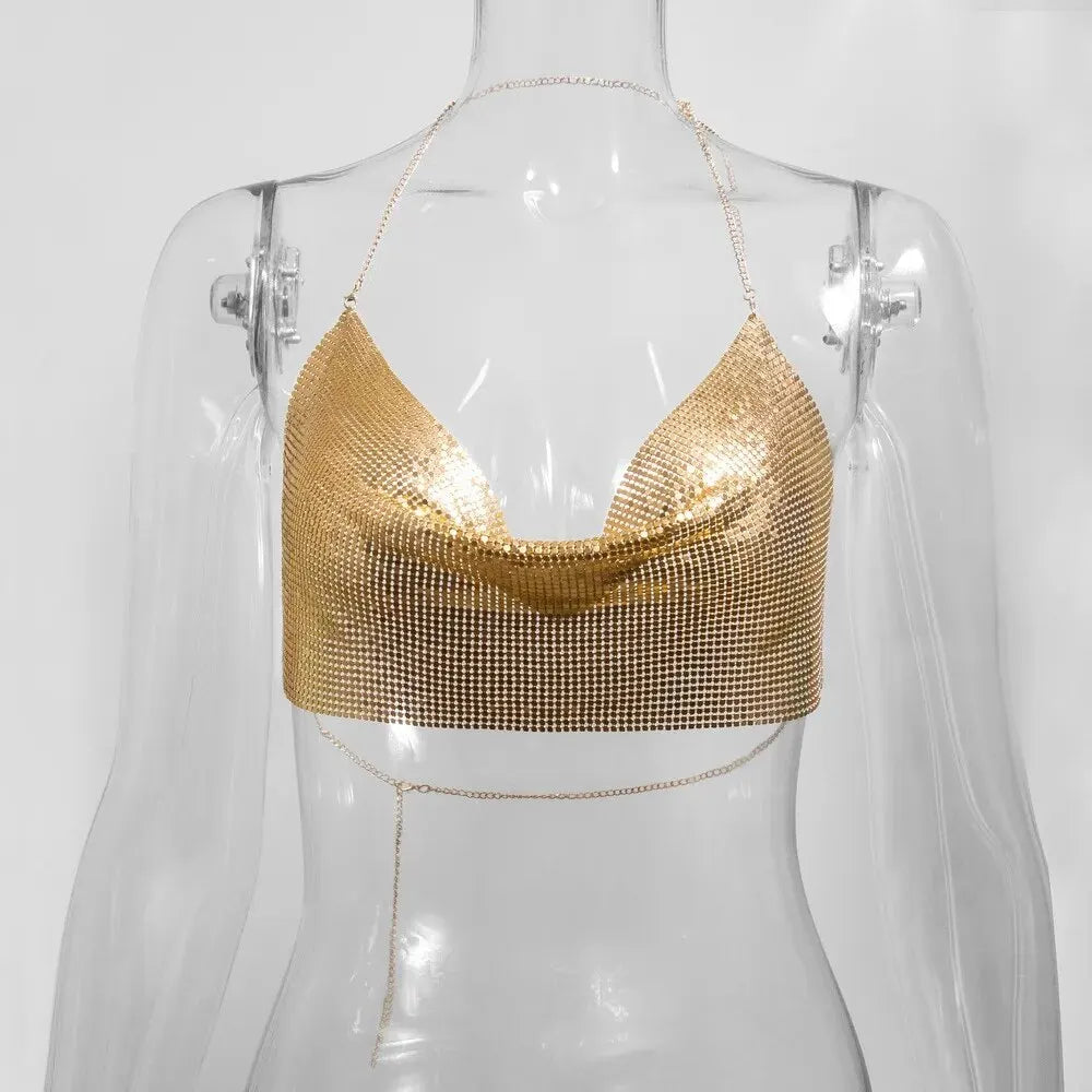 Sexy Sequin Halter Crop Top – Backless Metallic Y2K Clubwear for Women - Gold One Size - clothing top