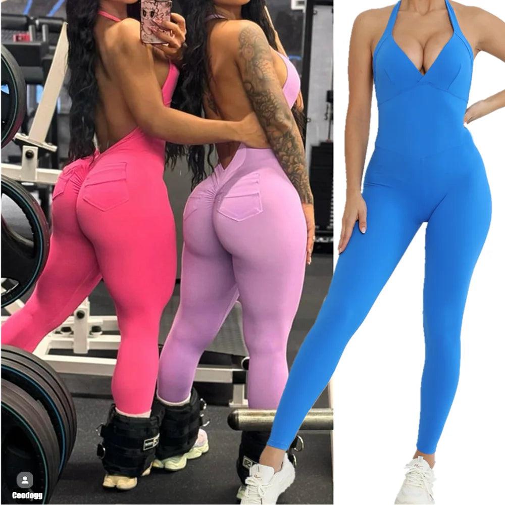 Scrunch Back Halter V-Neck Romper – One-Piece Open-Back Jumpsuit - - leggings
