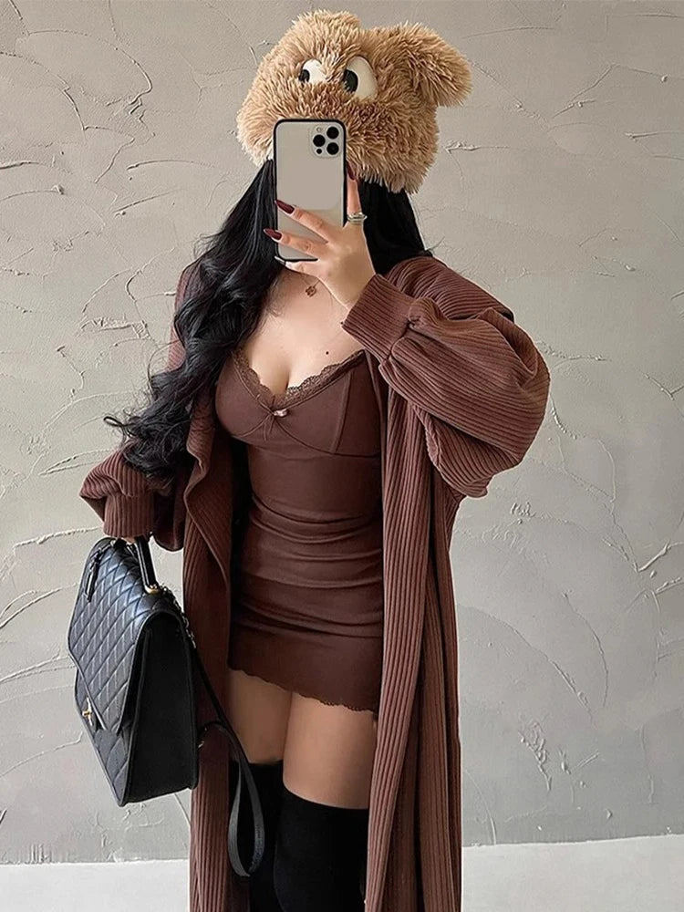 Hot Girl Lace Mini Dress – Sexy Slim Fit with Breast Pad - brown - Dresses / Party & Clubwear