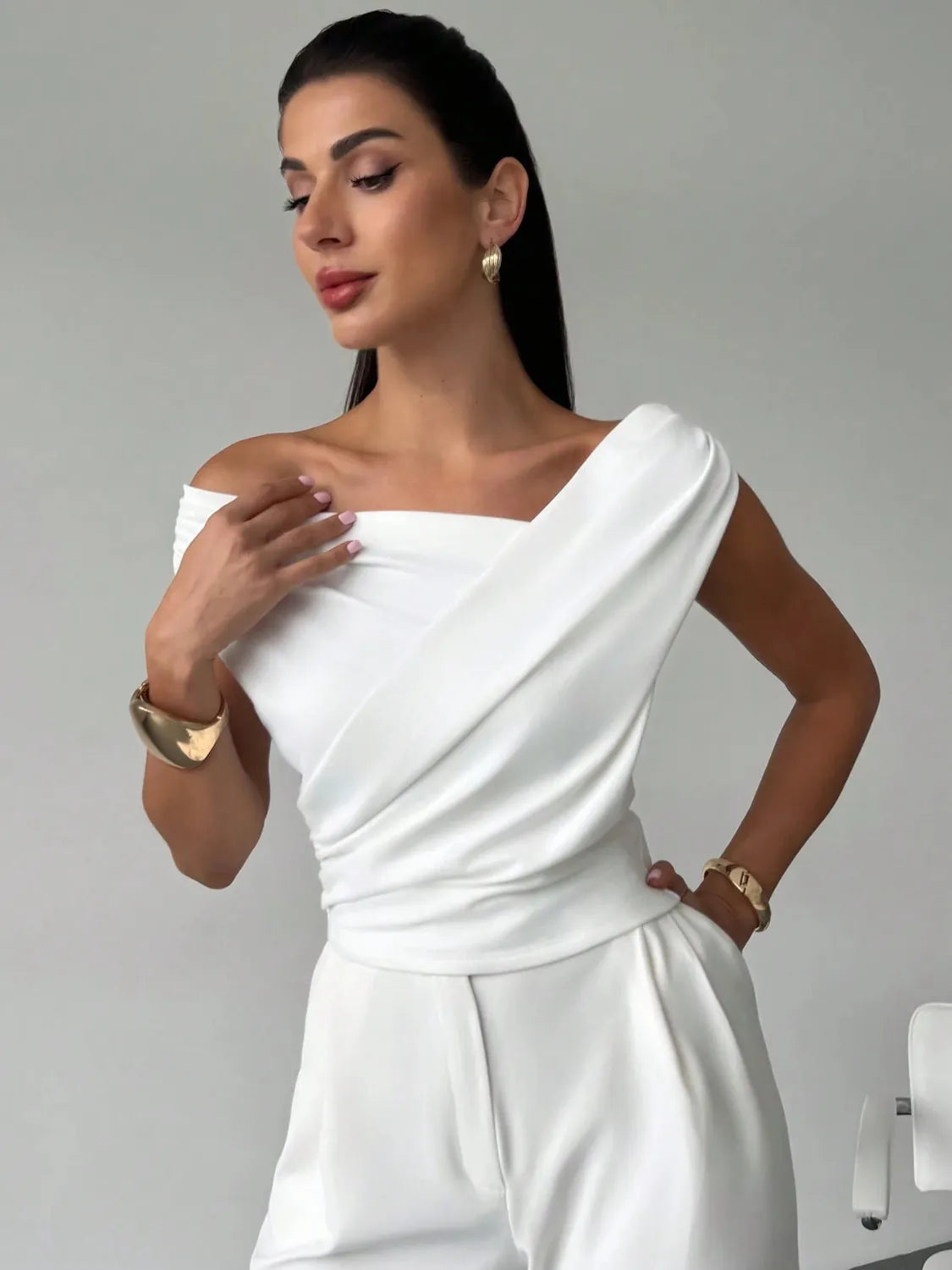 Asymmetrical Ruched Short Sleeve Top – Bold Cut with Modern Fit - - Women's Clothing > Blouses & Shirts