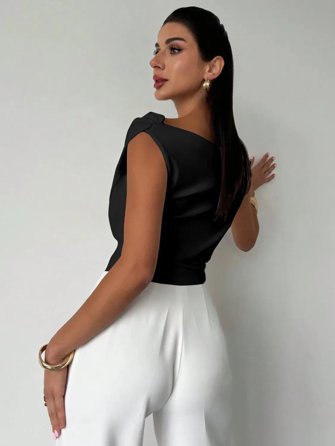 Asymmetrical Ruched Short Sleeve Top – Bold Cut with Modern Fit - - Women's Clothing > Blouses & Shirts