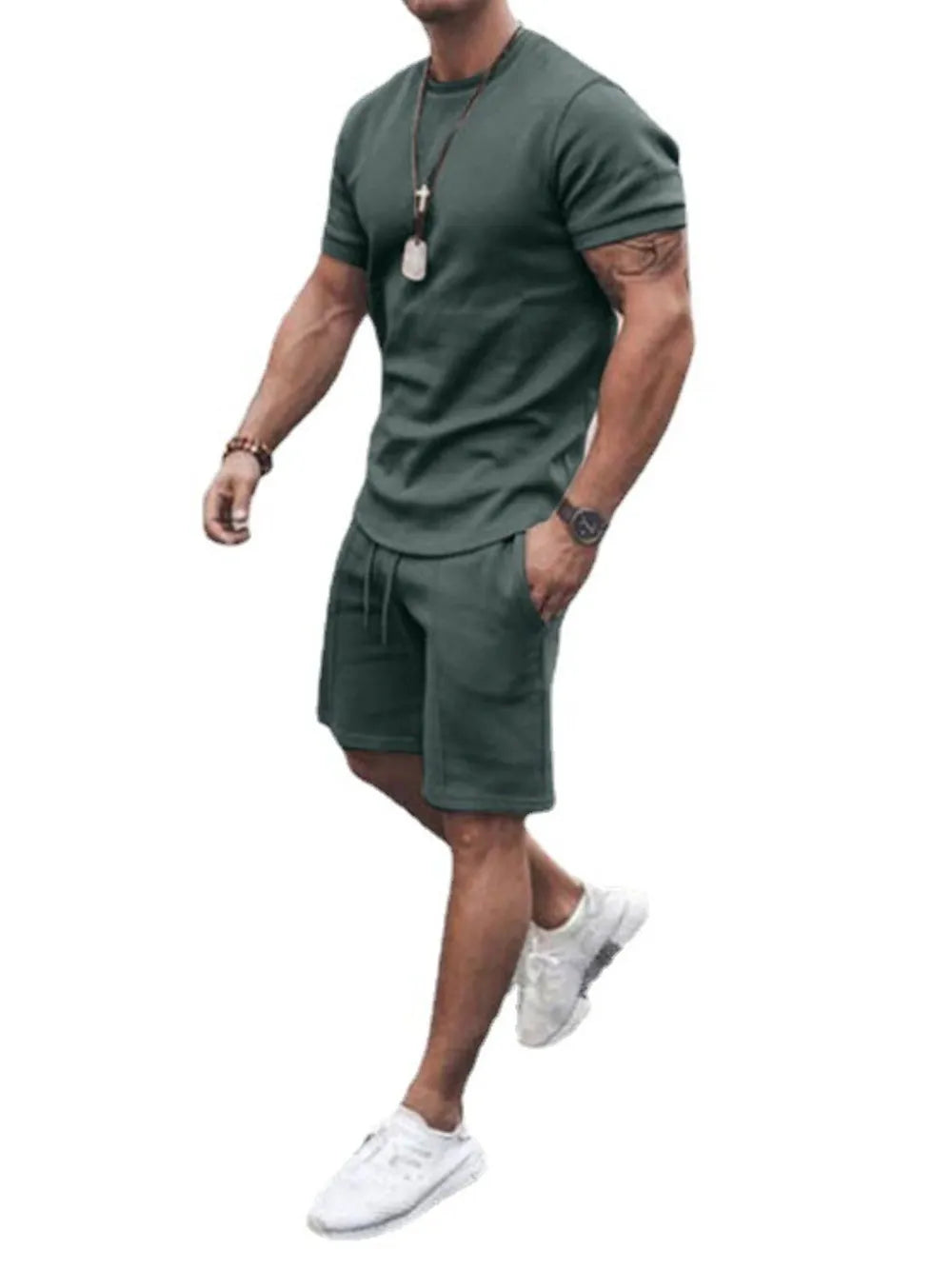 Men’s Plus Size 2-Piece Set – Round Neck Tee & Shorts Combo - - Men's 2-Piece Set – Round Neck Tee & Shorts Combo