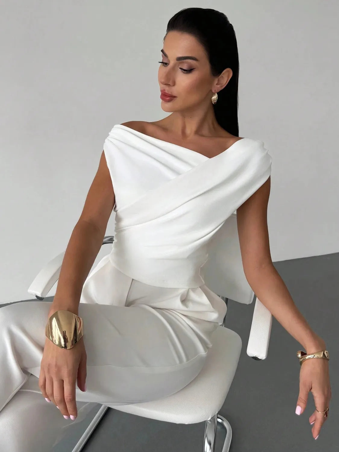 Asymmetrical Ruched Short Sleeve Top – Bold Cut with Modern Fit - - Women's Clothing > Blouses & Shirts