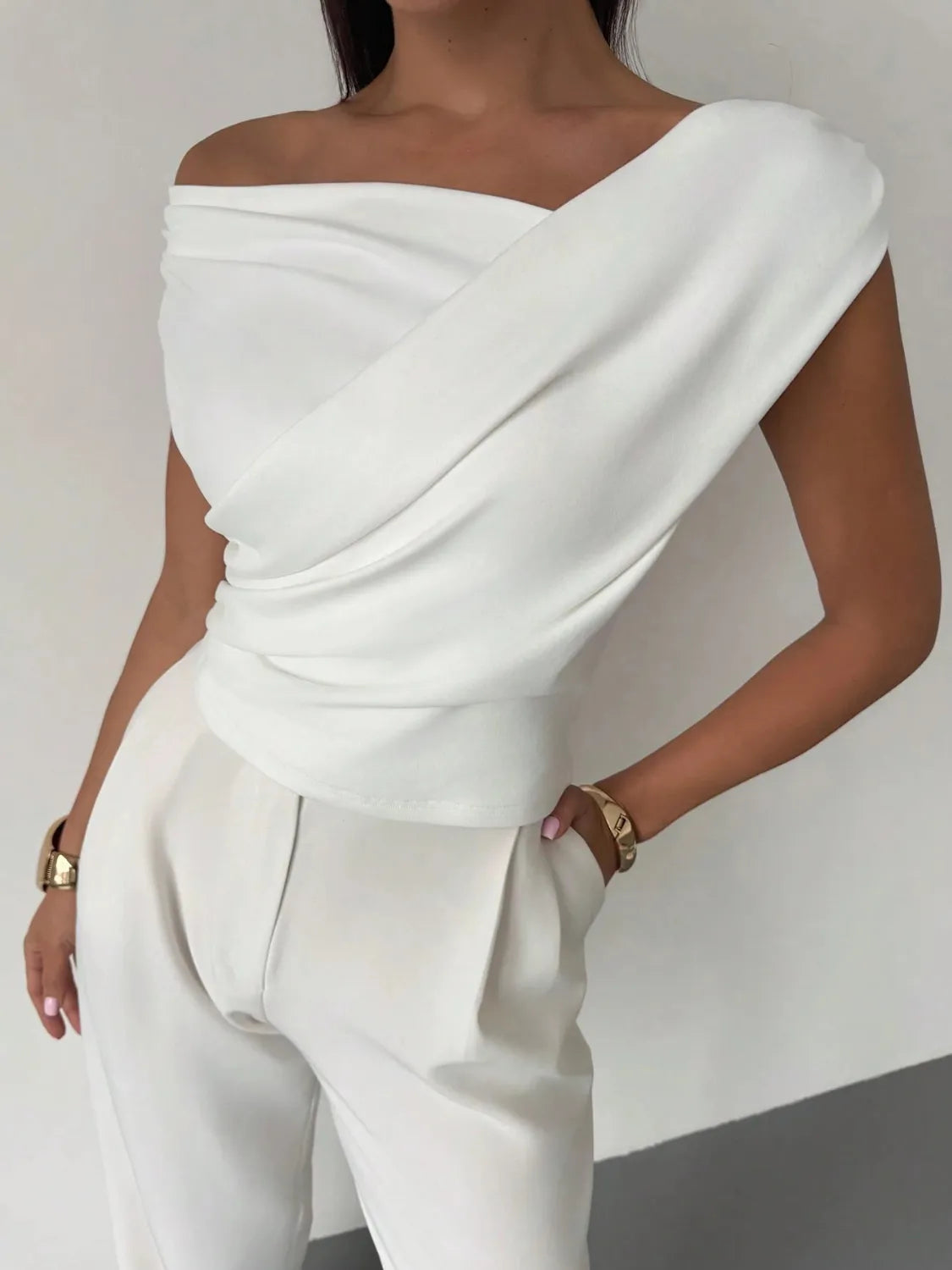 Asymmetrical Ruched Short Sleeve Top – Bold Cut with Modern Fit - - Women's Clothing > Blouses & Shirts