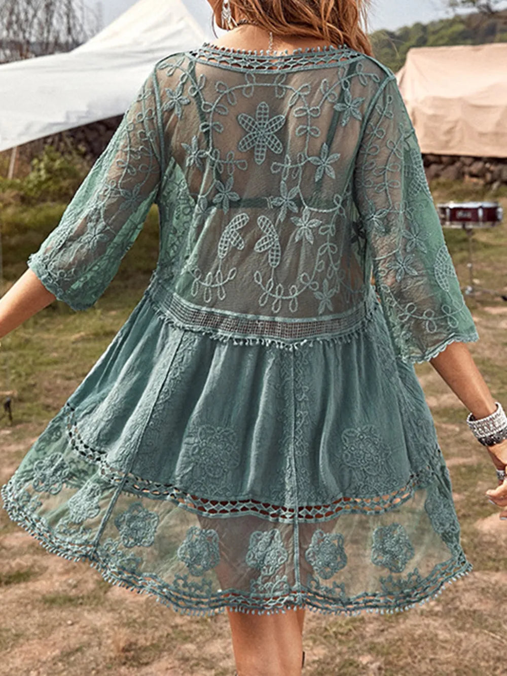 Lace Detail Plunge Cover-Up Dress – Sheer Elegance for Sun-Soaked Days - - Cover up dress