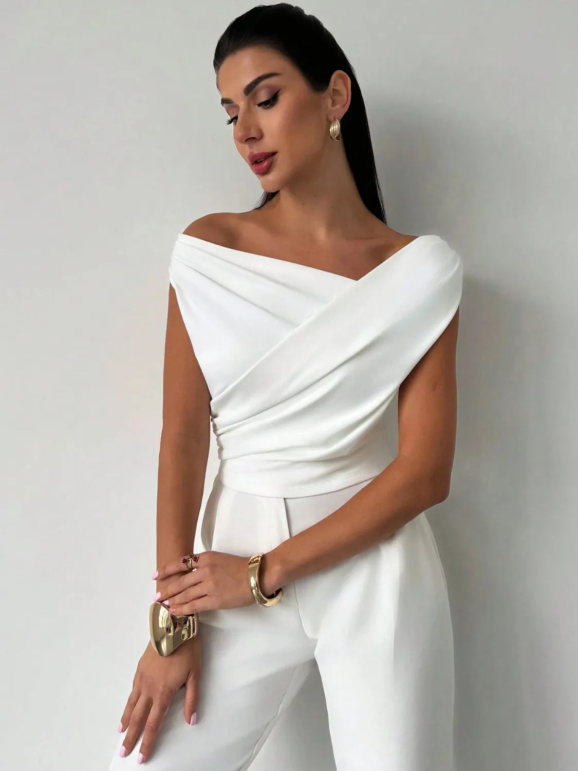 Asymmetrical Ruched Short Sleeve Top – Bold Cut with Modern Fit - - Women's Clothing > Blouses & Shirts