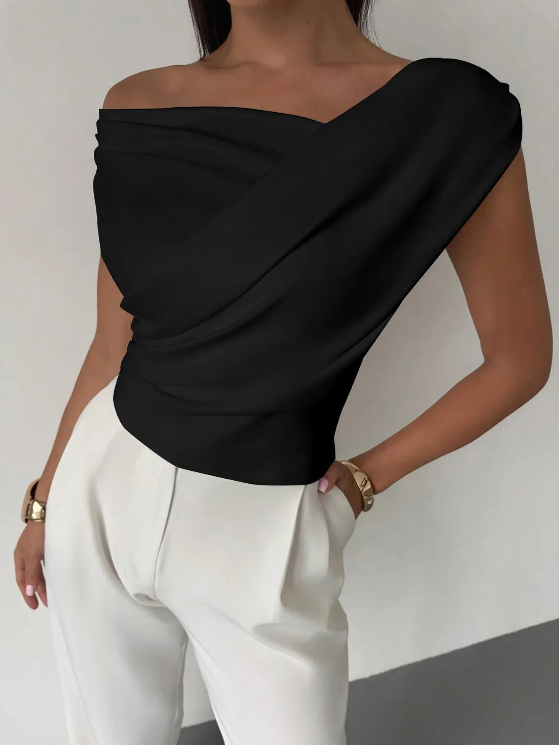 Asymmetrical Ruched Short Sleeve Top – Bold Cut with Modern Fit - - Women's Clothing > Blouses & Shirts