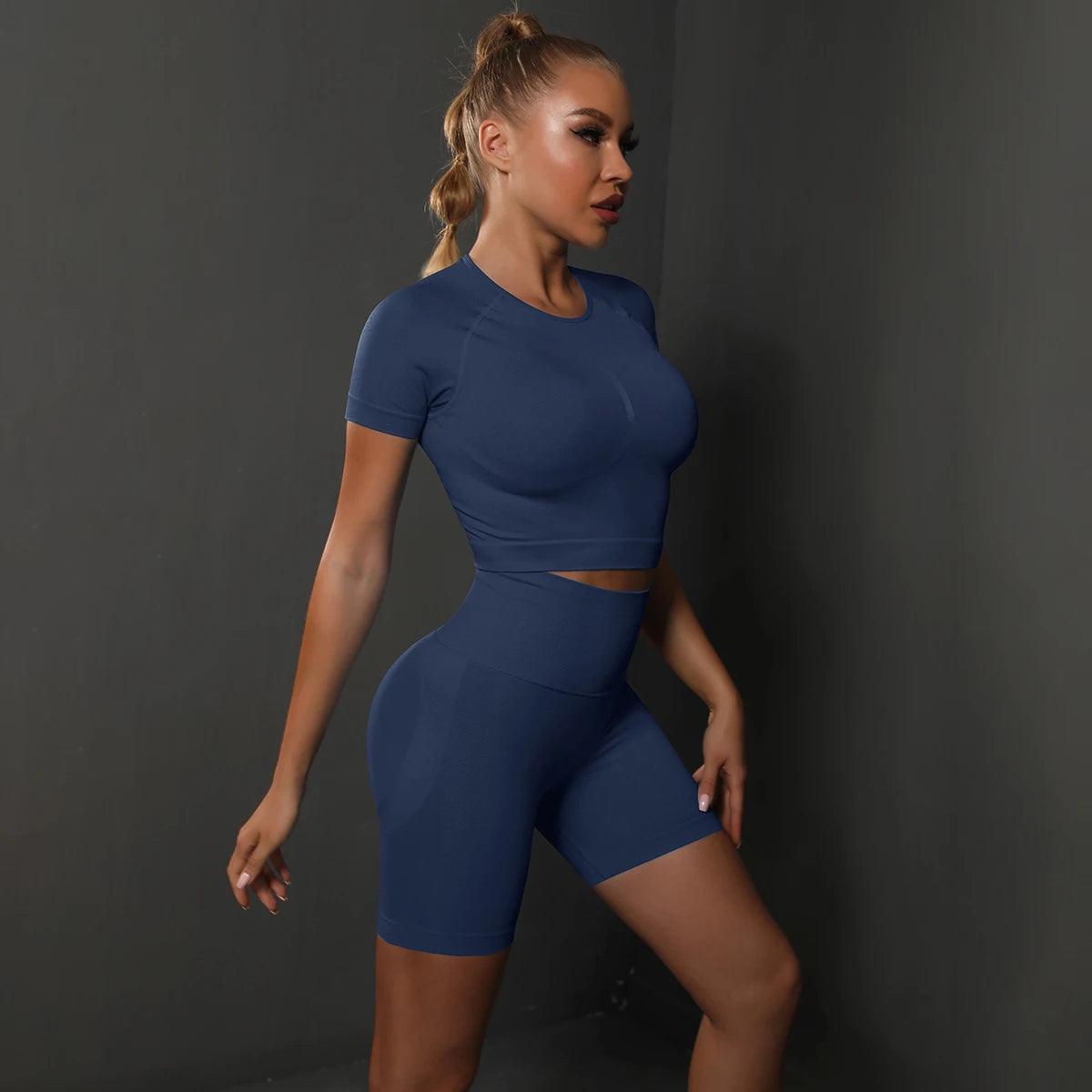 Seamless 2PCS Yoga Set - High Waist & Butt Lifting - Dark Blue - Activewear Leggings