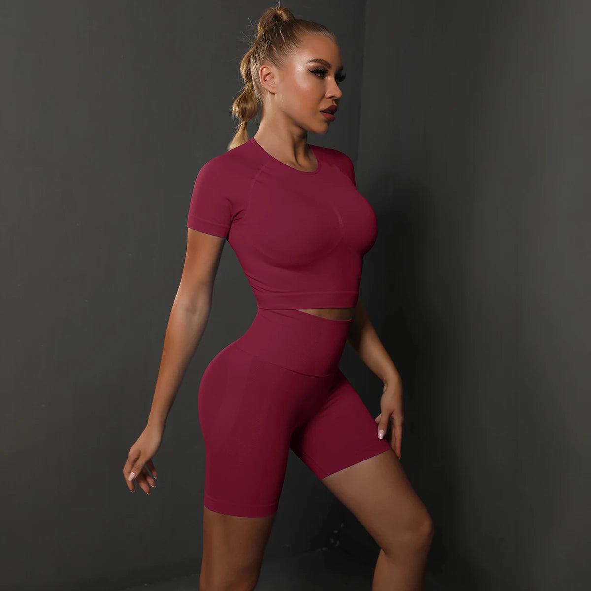 Seamless 2PCS Yoga Set - High Waist & Butt Lifting - Wine Red - Activewear Leggings
