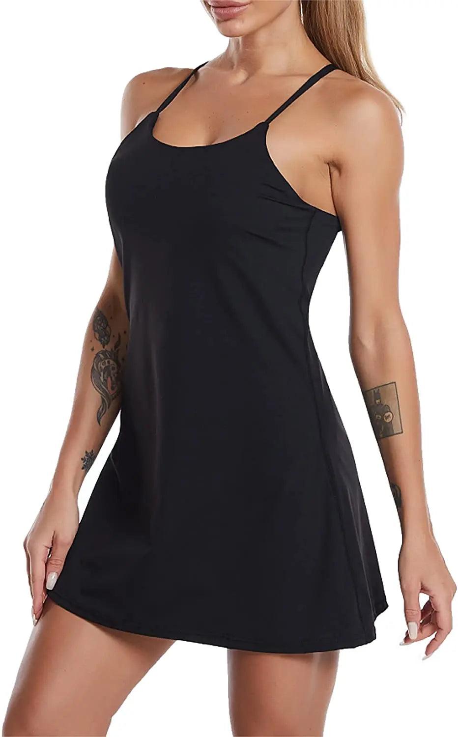 Women's Sports Dress – Built-in Bra, Pockets, and Shorts . - black - Activewear Dress
