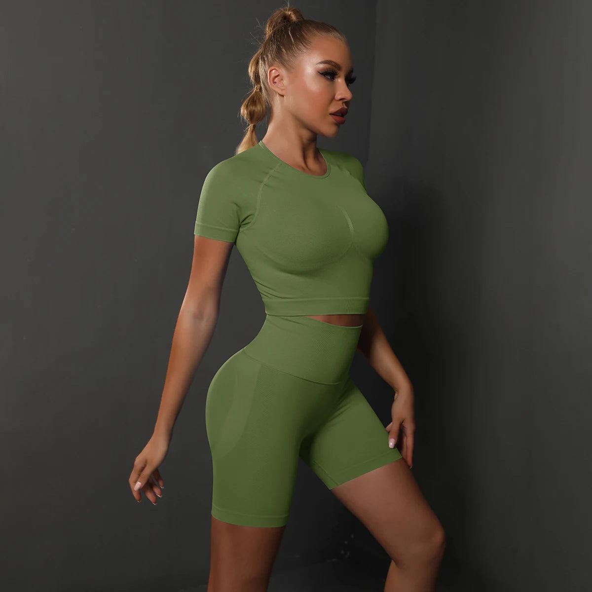 Seamless 2PCS Yoga Set - High Waist & Butt Lifting - Army Green - Activewear Leggings