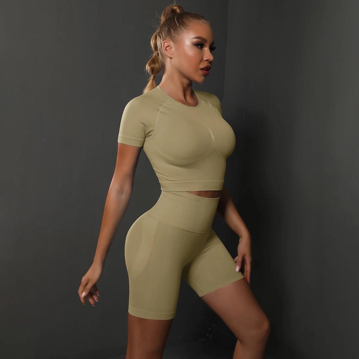Seamless 2PCS Yoga Set - High Waist & Butt Lifting - Khaki - Activewear Leggings
