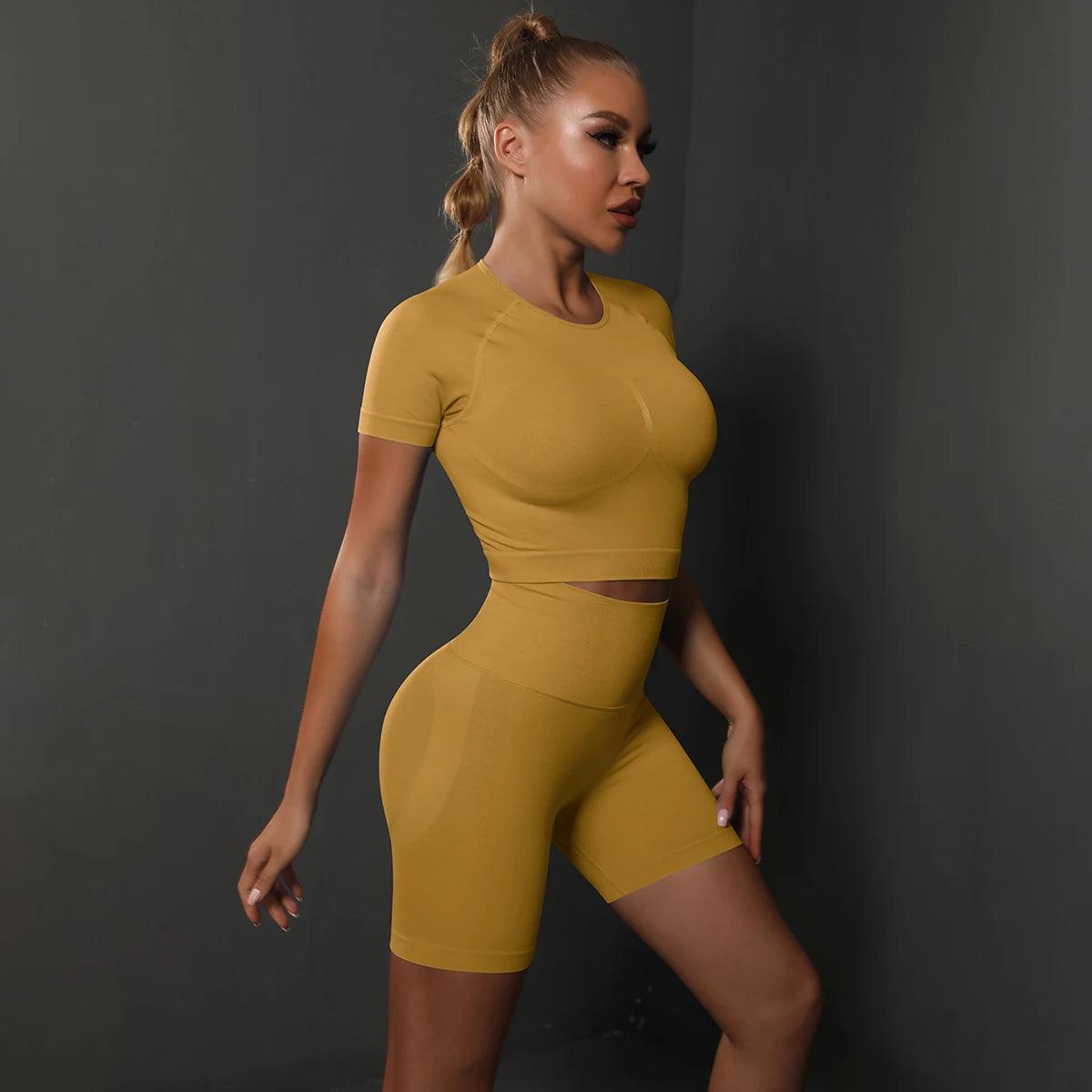 Seamless 2PCS Yoga Set - High Waist & Butt Lifting - Yellow - Activewear Leggings