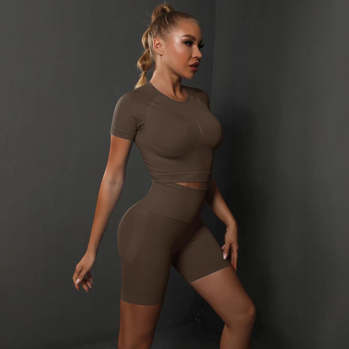 Seamless 2PCS Yoga Set - High Waist & Butt Lifting - Brown - Activewear Leggings