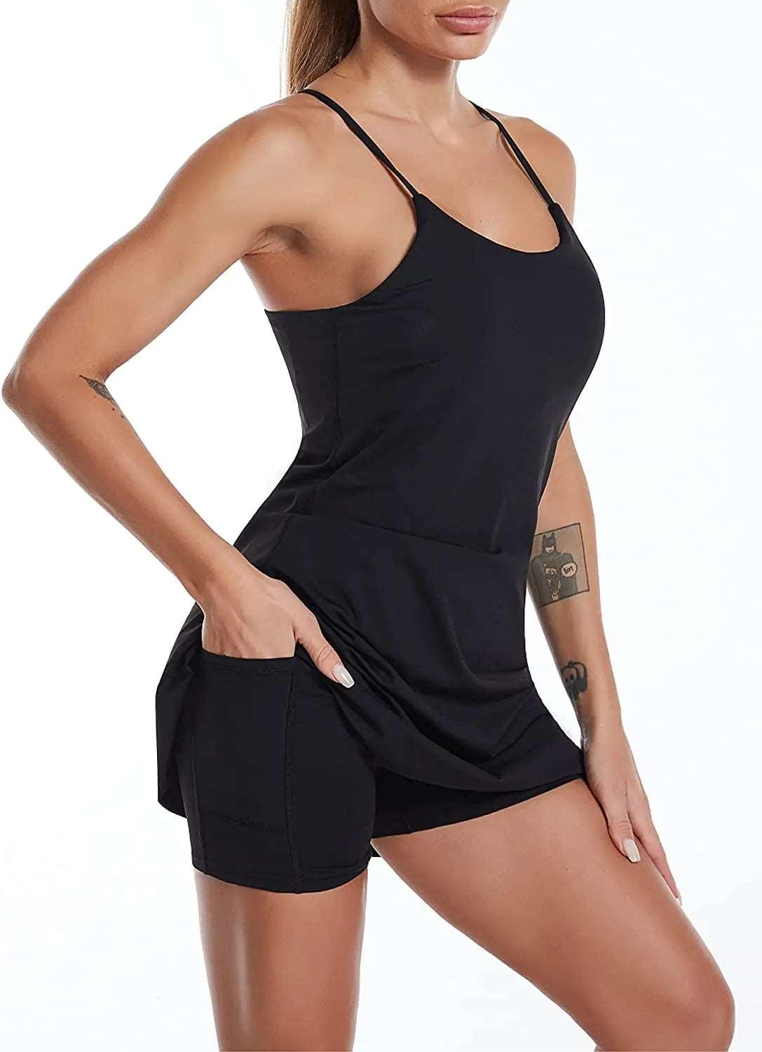 Women's Sports Dress – Built-in Bra, Pockets, and Shorts . - - Activewear Dress