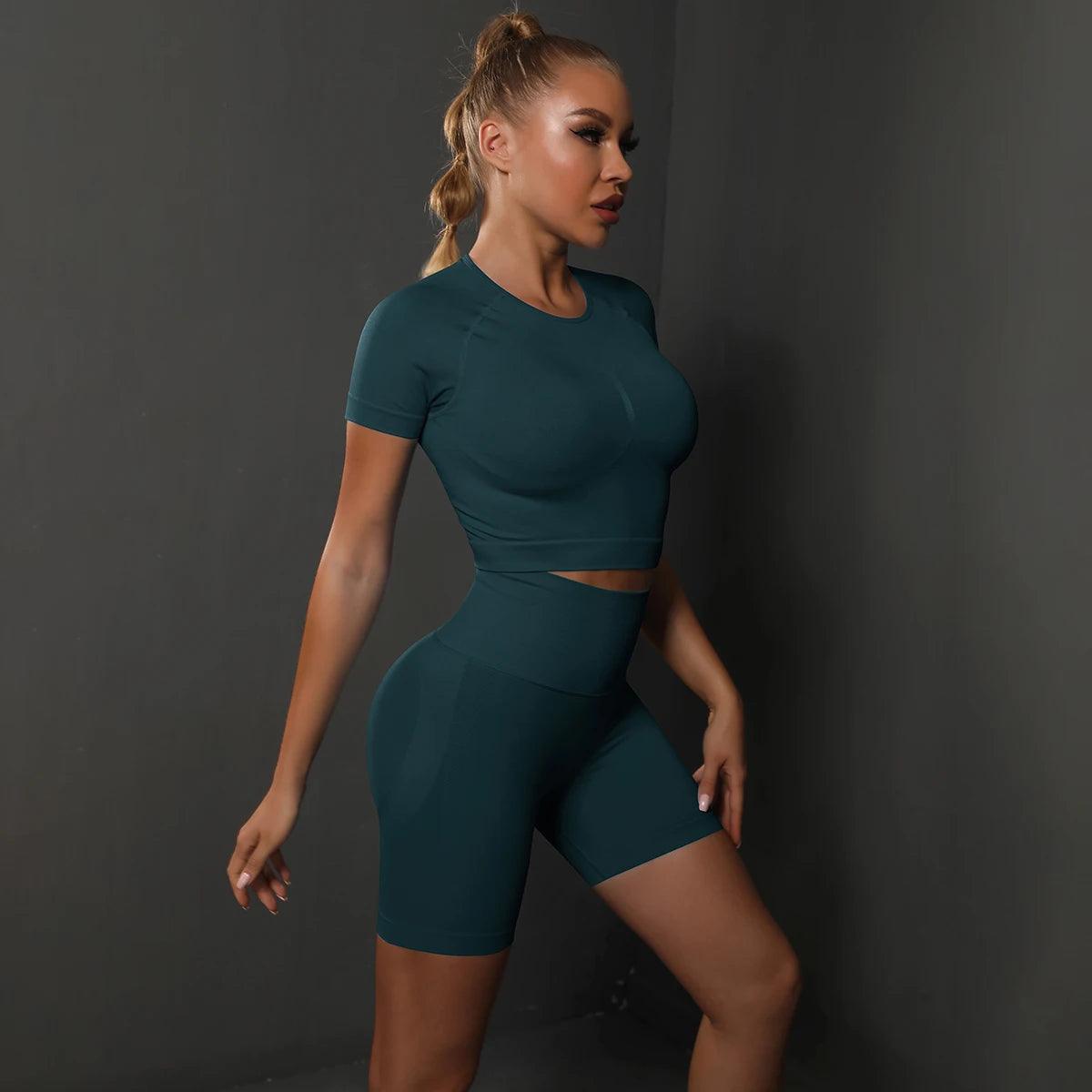 Seamless 2PCS Yoga Set - High Waist & Butt Lifting - Blue Green - Activewear Leggings