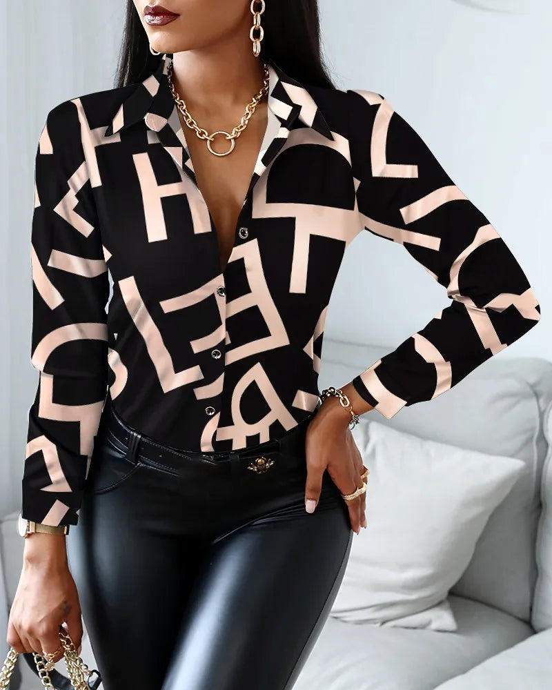 Women’s Long Sleeve Printed Elegant Shirt – Office & Autumn Fashion - 7 - Women's Clothing > Blouses & Shirts