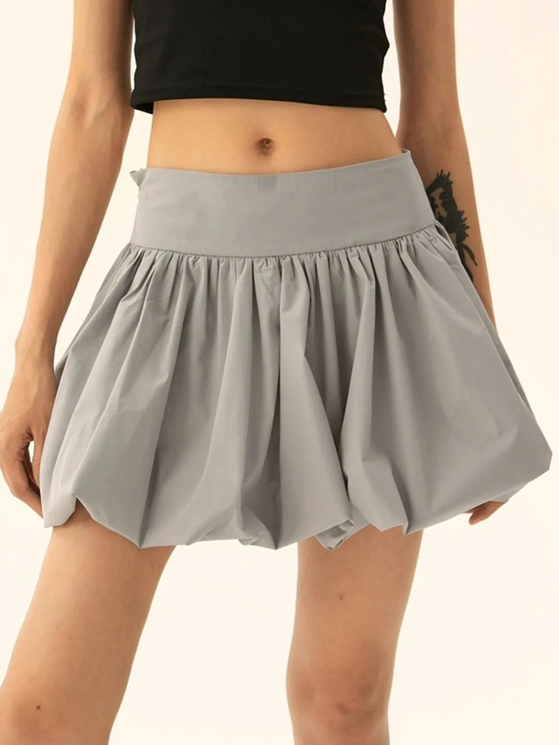 Ruched Bubble Hem Mini Skirt – Statement Volume with a Playful Twist - Gray - Mini Skirt